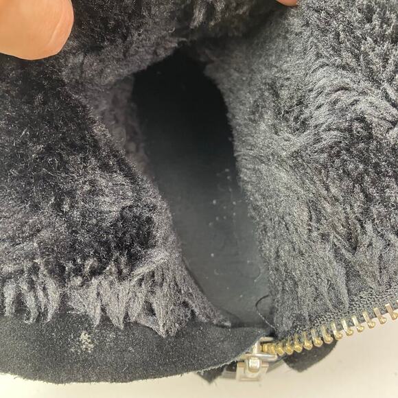 J/Slides Sz 8.5 Ruffle Back Platform Ankle Booties Black Suede Faux-fur Lined - Picture 15 of 16